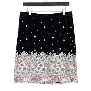 J. Jill Pencil Skirt Size 12 Jersey Stretch Black Mauve Floral Pen and Ink Print